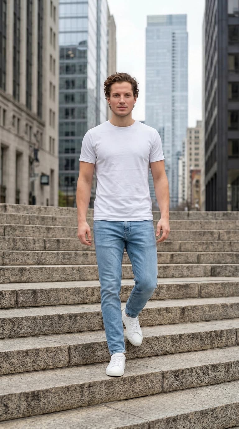 Denim and Concrete, a ReCrea catalog look with a man on city steps